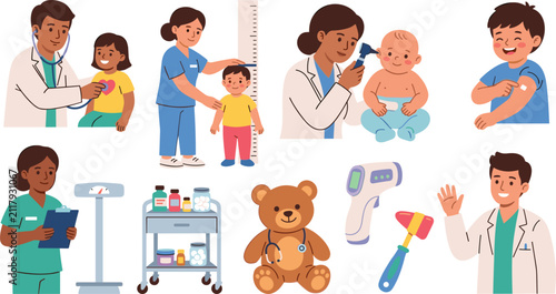 Pediatrician and Children Medical Checkup Icon Set with Doctors Examining Kids Measuring Height Giving Vaccine Injection and Medical Tools