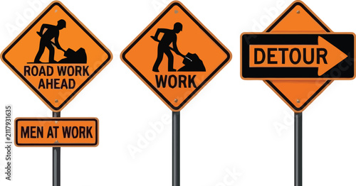 Road work warning signs with detour arrow