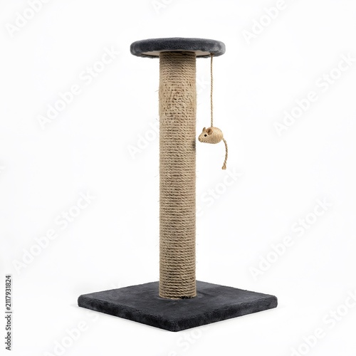 Modern Cat Scratching Post with Hanging Toy Mouse, Tall Sisal Rope Tower for Cats, Gray Base and Top, Pet Furniture Studio Shot
