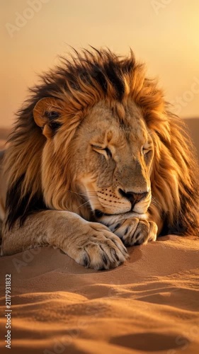 Adult male lion resting on desert sand with alert gaze softening into calm doze under warm golden light, mane shifting gently while forepaws stay crossed, with lion, mane, sand, desert detail