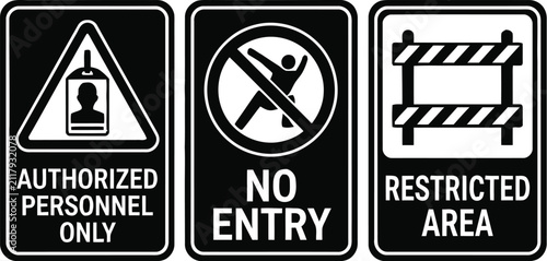 Three security warning signs in black and white