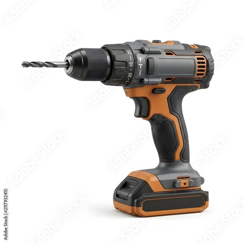 Modern Cordless Electric Drill with Battery and Drill Bit, Black and Orange Tool for DIY and Construction, Isolated on White Background