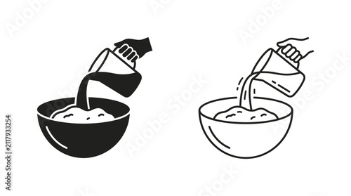 Fotografie Pouring ingredients into bowl black line art illustration on white background