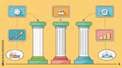 Conceptual business infographic featuring three pillars supporting strategic growth icons and corporate management workflow elements