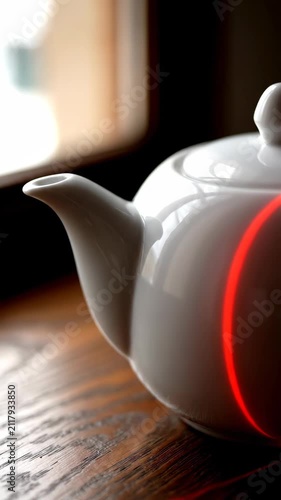 White teapot with glowing red line on wooden table