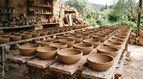 Many unfinished clay bowls drying on wooden tables inside a traditional pottery workshop in rural greece
