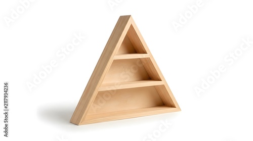 Empty triangular wooden shelf isolated on white background for modern home decor and interior design display