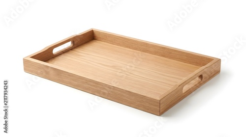 Empty rectangular wooden serving tray with cutout handles isolated on a white background for food presentation