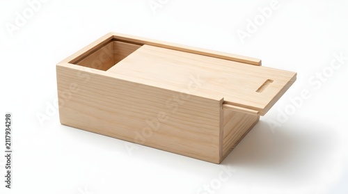 A small rectangular wooden box with a sliding lid isolated on a clean white studio background