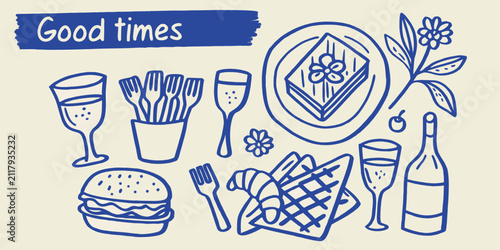 Doodle style Illustration Of Food And Drink Items On A Beige Background burger