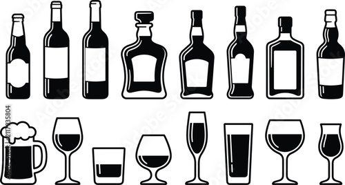 Obraz na płótnie Alcoholic Beverages Bottle and Glass Silhouette Icon Set with Wine Beer Whiskey