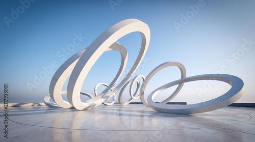 Abstract White Elliptical Ring Sculpture with Flowing Geometric Forms in a Futuristic Minimalist Landscape