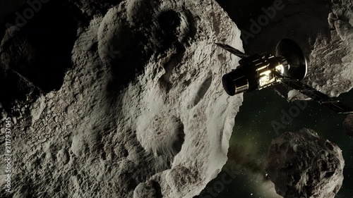 Satellite in Space passing asteroid, 3d animation