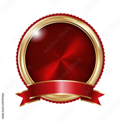 Premium gold emblem with shining red metallic texture and decorative ribbon, symbolizing quality, warranty, certification, and luxury on a transparent background