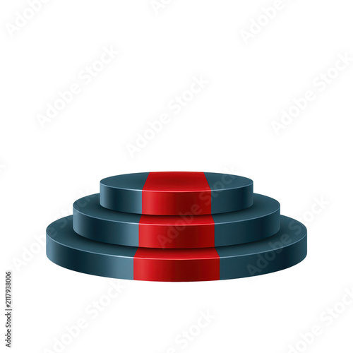 Podium stage with three dark metal tiers and a red carpet, symbolizing competition success, award winning, victory, achievement, celebration, and leadership