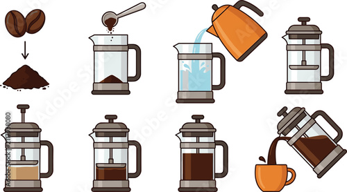 фотографія How to Brew Coffee with French Press Vector Illustration Set with Step by Step M
