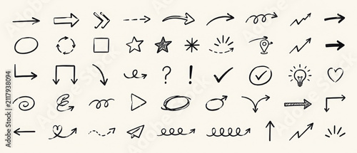 Black doodle arrow vector collection with hand drawn curved arrows, sketch direction signs, loop symbols and ink pointer elements for notes and highlights