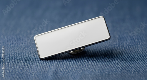 Blank Rectangular Metal Name Badge Pin Mockup on Blue Fabric