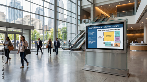 Modern Convention Center Lobby with Digital Wayfinding Signage and Business Professionals