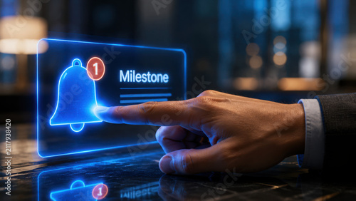 Digital milestone achievement hand interacting with notification icon