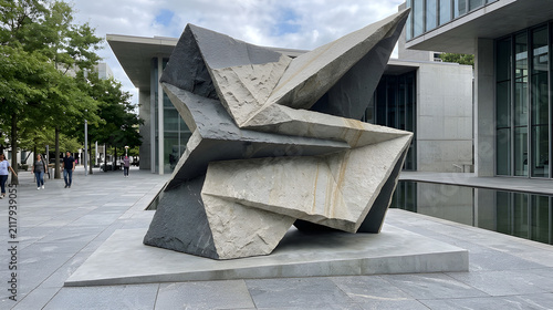 Modern Abstract Angular Stone Sculpture in Urban Public Plaza Exterior Architectural Art Installation
