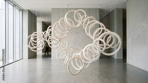 Large Hanging White Ring Sculpture Grid Array in Modern Art Museum Gallery Contemporary Installation
