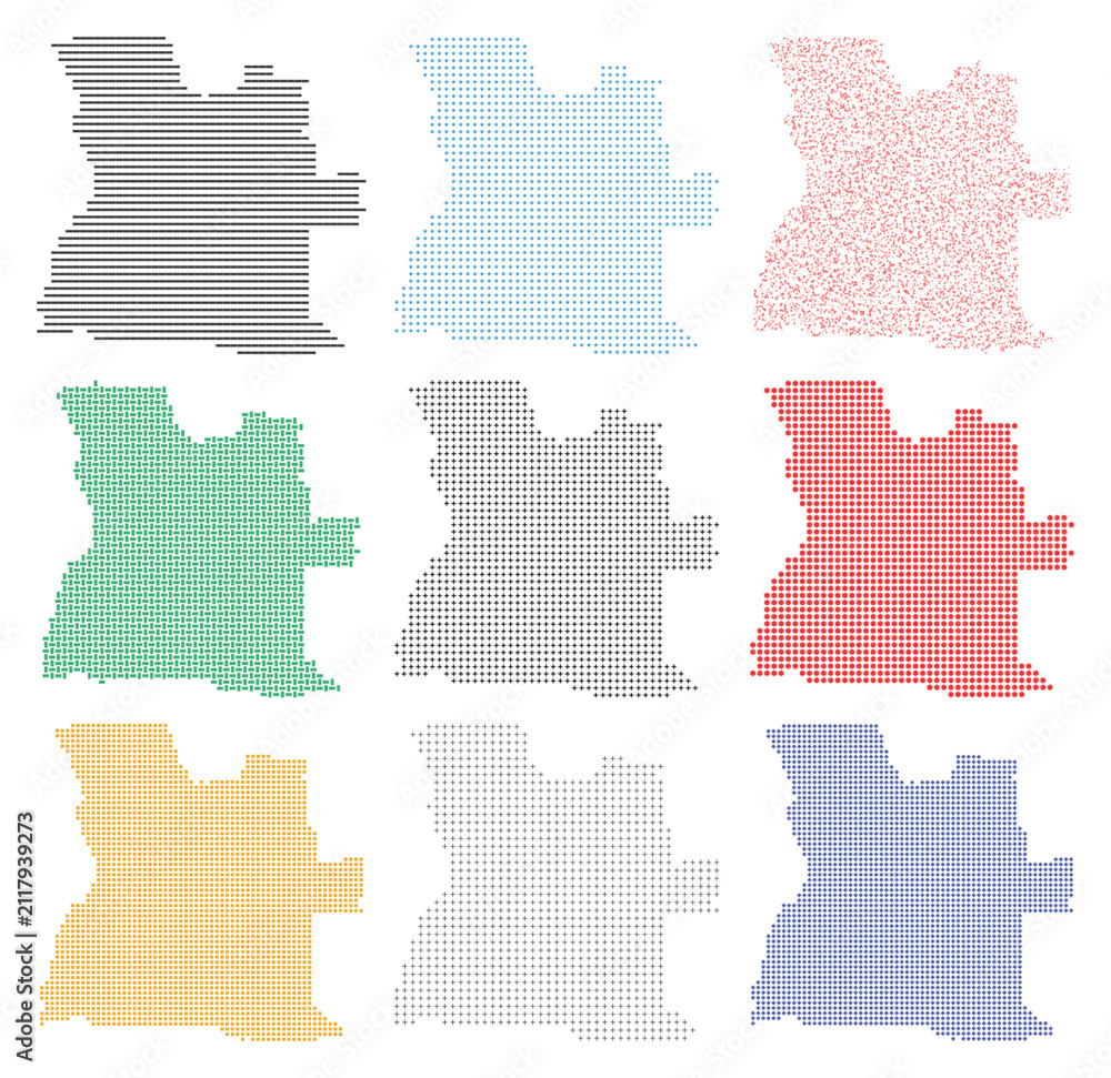 Obraz premium Angola map vector design with nine different dot and pattern styles for infographic.