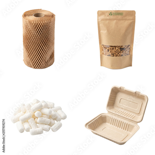 Collage Of Eco-Friendly Biodegradable Packaging And Shipping Materials In Studio Shot