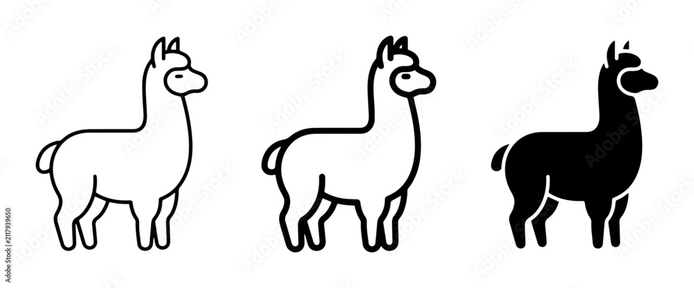 Obraz premium Minimalist alpaca icon set, black and white llama vector illustrations, simple outline and silhouette animal graphics for logo design and web UI