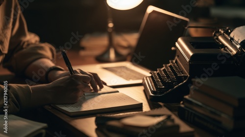 Creative Writing Ideas in Vintage Notebook Next to Modern Laptop with Soft Light