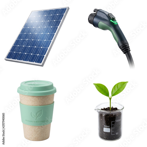 Collage Of Eco-Friendly Products And Sustainable Energy Solutions On Black Background