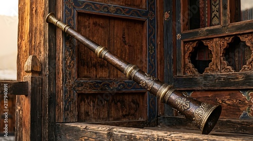 Ornate brass and copper dungchen trumpet in a himalayan monastery