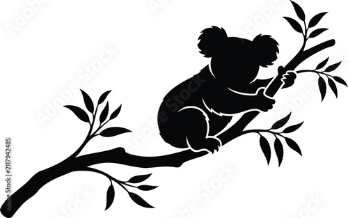 Black and white of a koala clinging to eucalyptus branches leaves