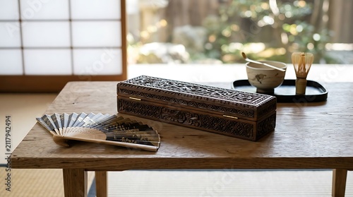 Traditional japanese tea set and carved box on wooden table