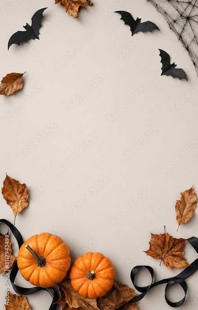 Fototapeta premium Halloween Flat Lay Border with Orange Pumpkins, Black Bats and Autumn Leaves on Beige Background 