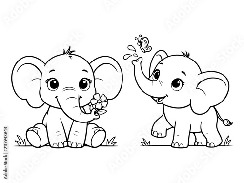 Cute Baby Elephant Coloring Book Page with Two Original Cartoon Animals - Printable Black Outline Line Art
