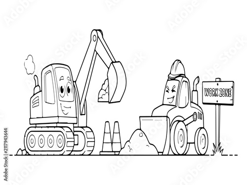 Cute Construction Vehicles Coloring Book Page with Original Cartoon Excavator and Bulldozer Outline Illustration