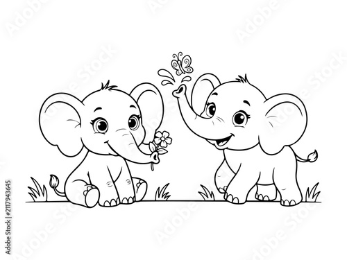Cute Baby Elephant Coloring Book Page with Two Original Cartoon Animals - Printable Black Outline Line Art