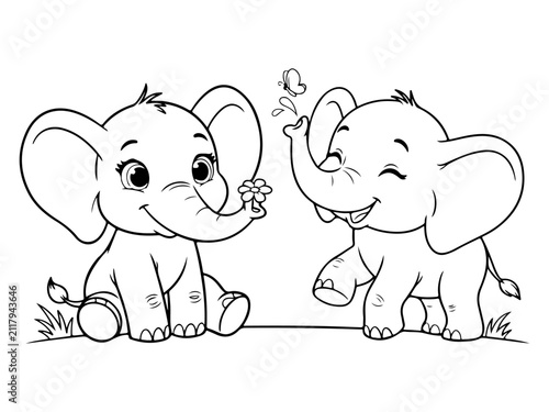 Cute Baby Elephant Coloring Book Page with Two Original Cartoon Animals - Printable Black Outline Line Art