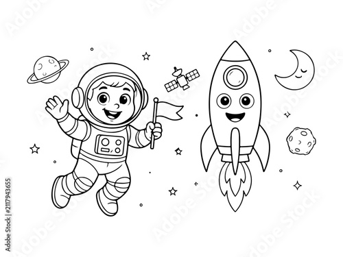Cute Space Adventure Coloring Book Page with Original Cartoon Astronaut and Rocket Outline Illustration