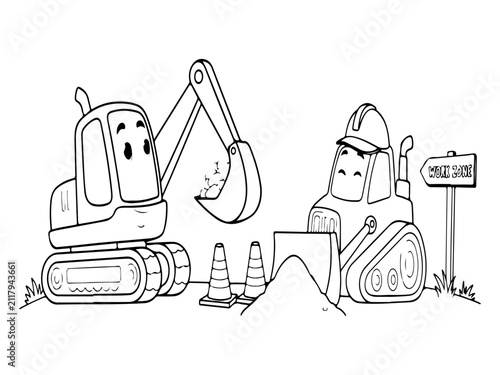 Cute Construction Vehicles Coloring Book Page with Original Cartoon Excavator and Bulldozer Outline Illustration