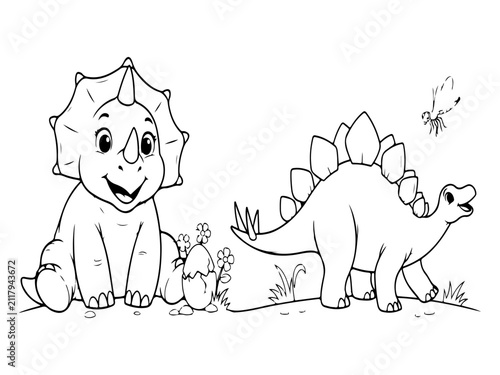 Cute Baby Dinosaur Coloring Book Page with Two Original Cartoon Dinosaurs