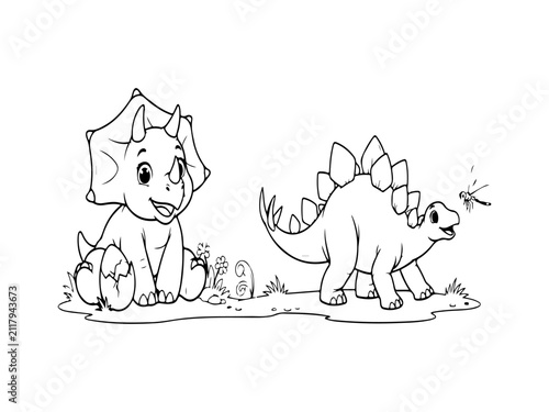 Cute Baby Dinosaur Coloring Book Page with Two Original Cartoon Dinosaurs