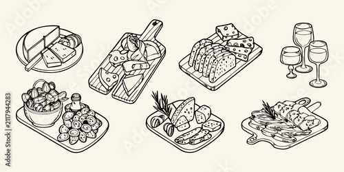 Charcuterie Board Sketch Set Line Art Illustration Of Appetizers And Wine Glasses On Beige