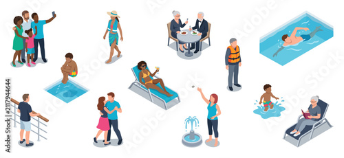 Фотография Cruise ship deck tourists vector set swimming, sunbathing and enjoying vacation