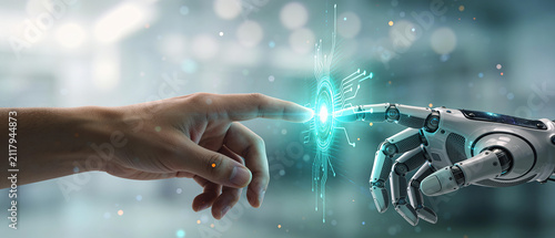 Human and robotic fingers meeting through glowing artificial intelligence interface technology