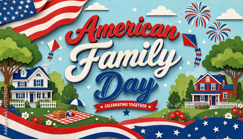 American family day festive illustration with rural house and summer holiday elements