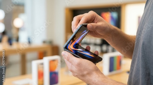 Close up of hands opening innovative foldable screen smartphone on display table in tech shop.