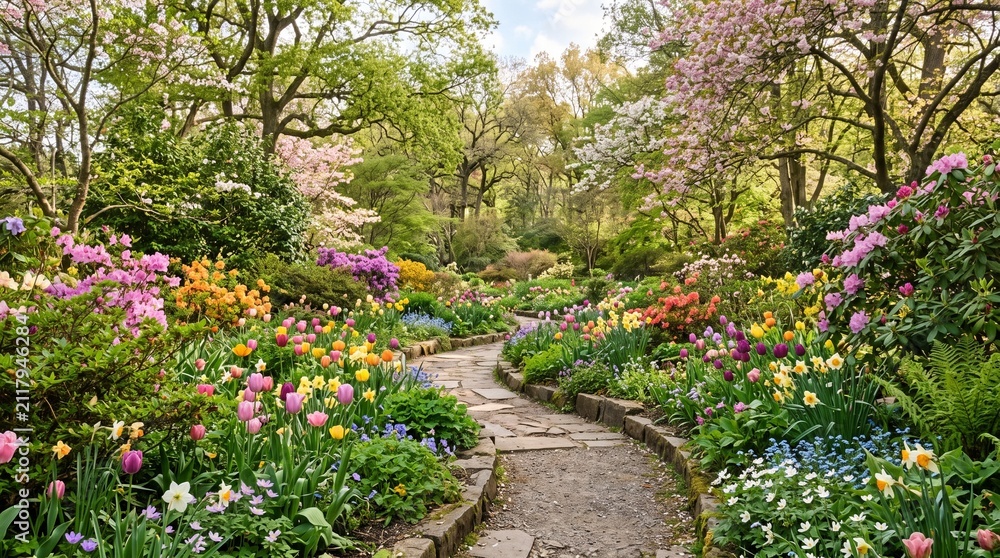 Fototapeta premium Blooming botanical garden with colorful flowers. Spring landscape with a stone pathway.