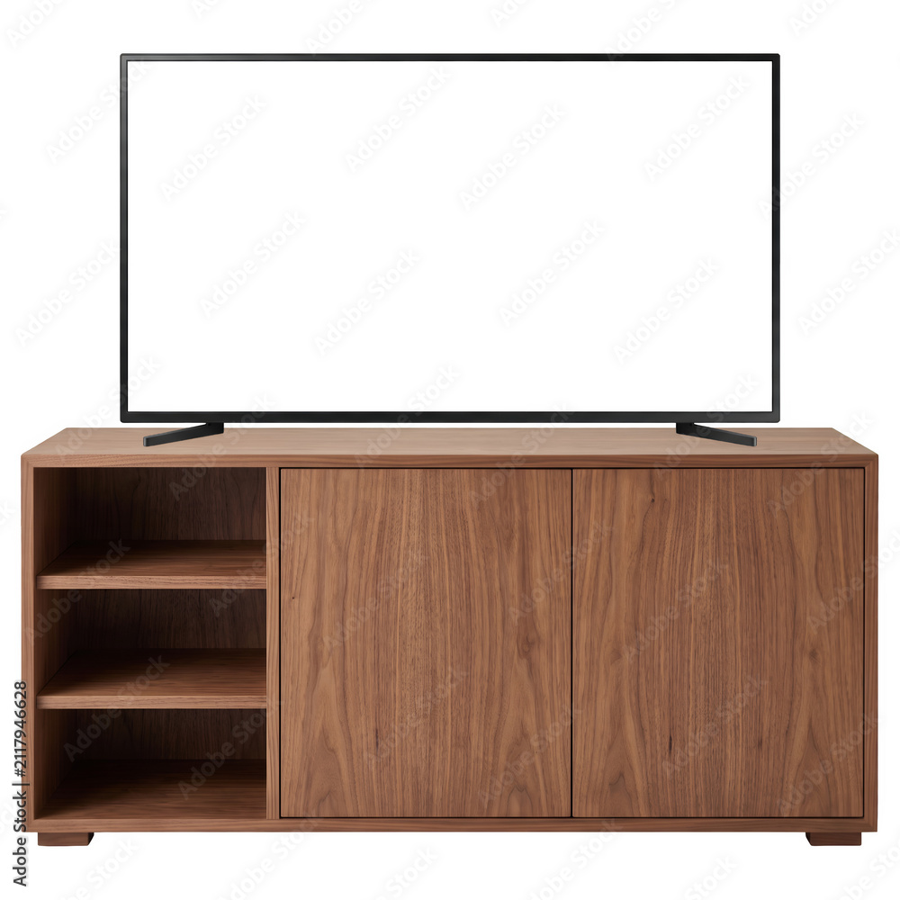 © Fairuz Goldiana - Smart TV on modern wooden cabinet stand isolated on transparent background. © Fairuz Goldiana - Smart TV on modern wooden cabinet stand isolated on transparent background.